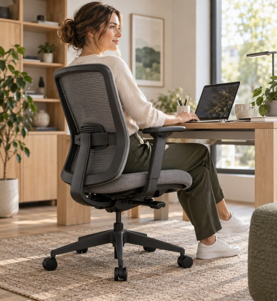 Specjalistka siedząca na ergonomicznym krześle przy biurku w home office - wizualizacja