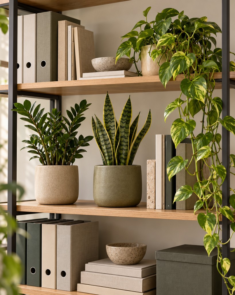 Rośliny w biurze na drewnianym regale – zamiokulkas, sansewieria i epipremnum w ceramicznych doniczkach.