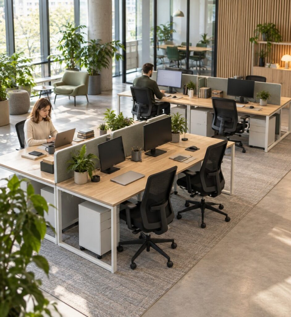 Ergonomiczne ustawienie biurek w nowoczesnym biurze open space - wizualizacja