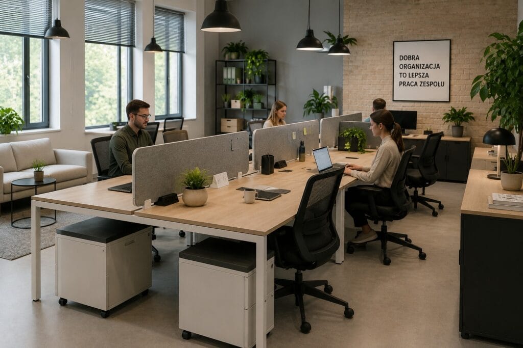 biurko bench przygotowane do pracy kilku osób